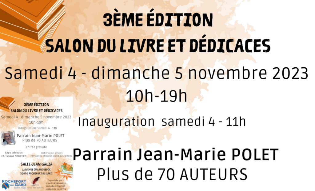 Salon du livre et dédicaces de Rochefort du Gard, samedi 4 et dimanche 5 novembre 2023