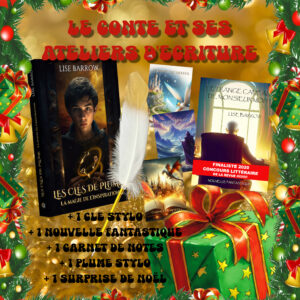 Coffret de Noël contenant Les Clés de Plume, conte fantasy et ateliers d'écriture, et tout le nécessaire pour écrire ses propres aventures