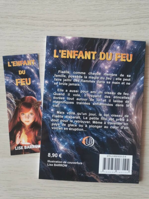Quatrième de couverture de L'Enfant du feu et son marque-page